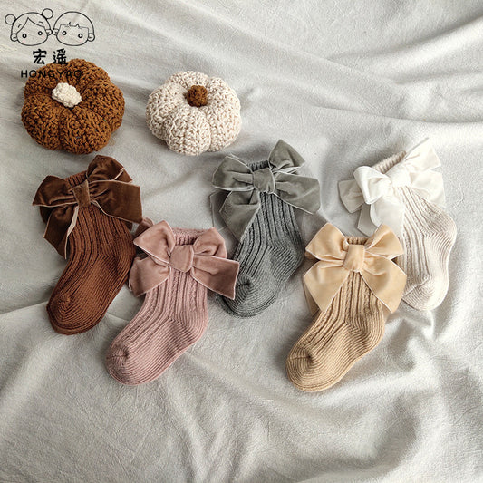 ins Children's Spanish Style Socks Autumn Winter New Large Bow Knitted Baby Socks Pure Color Mid-Calf Socks
