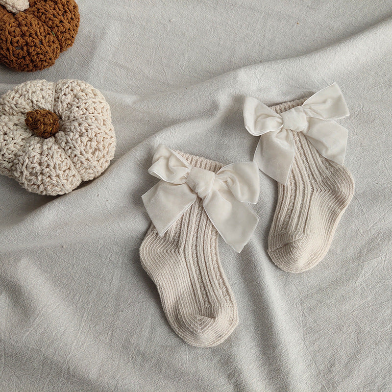 ins Children's Spanish Style Socks Autumn Winter New Large Bow Knitted Baby Socks Pure Color Mid-Calf Socks