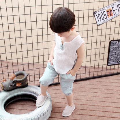 Tang Dynasty Baby Outfit - Organic Cotton Sleeveless Vest & Shorts Set for Newborn Photography, First Birthday Photo Shoot (0-3 Years)