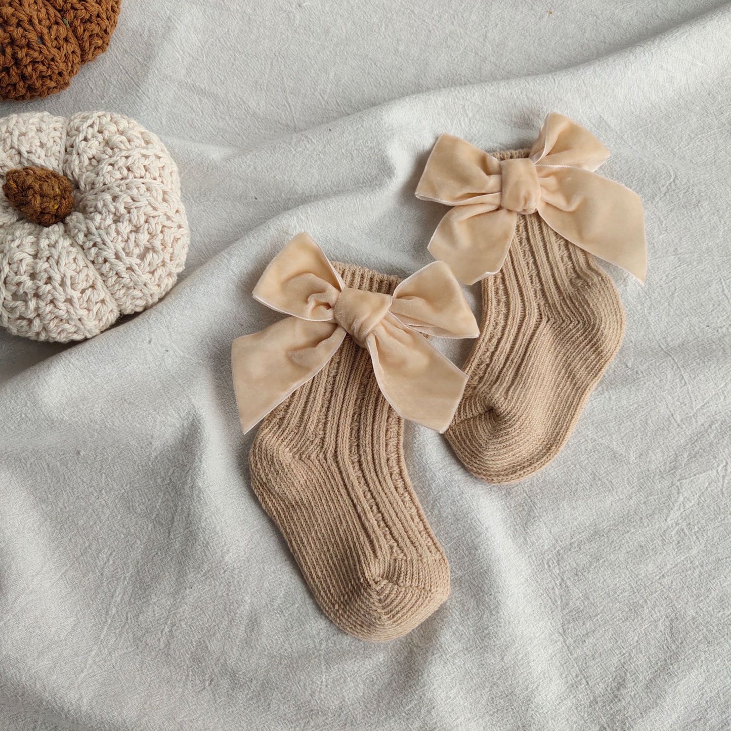 ins Children's Spanish Style Socks Autumn Winter New Large Bow Knitted Baby Socks Pure Color Mid-Calf Socks
