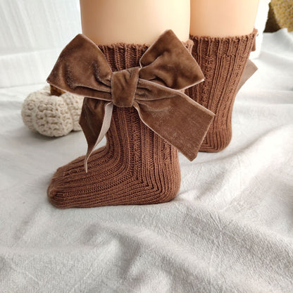 ins Children's Spanish Style Socks Autumn Winter New Large Bow Knitted Baby Socks Pure Color Mid-Calf Socks
