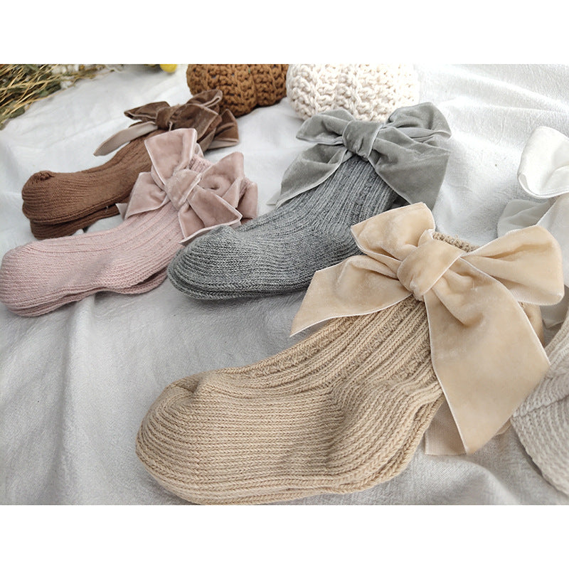 ins Children's Spanish Style Socks Autumn Winter New Large Bow Knitted Baby Socks Pure Color Mid-Calf Socks