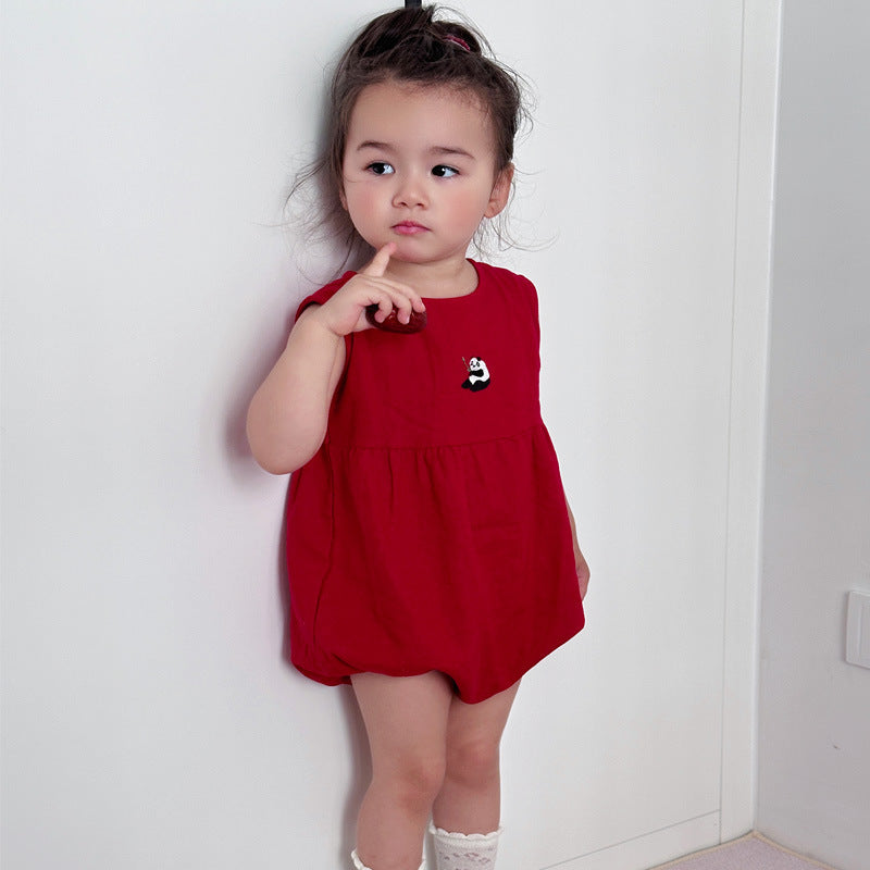 Panda Embroidery Baby Romper - 100% Linen Sleeveless Bodysuit for First Birthday & Photo Shoots (0-2 Years)