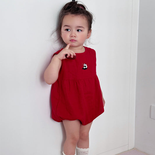 Panda Embroidery Baby Romper - 100% Linen Sleeveless Bodysuit for First Birthday & Photo Shoots (0-2 Years)
