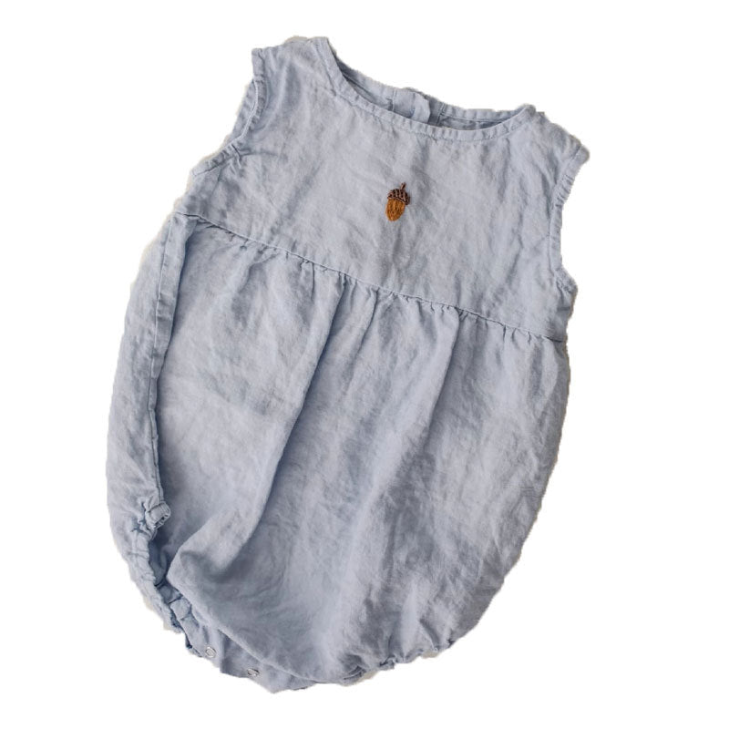 Organic Linen Baby Romper - Hand-Embroidered Sleeveless Onesie for Newborns & Infants | Breathable Summer Outfit (0-2 Years)