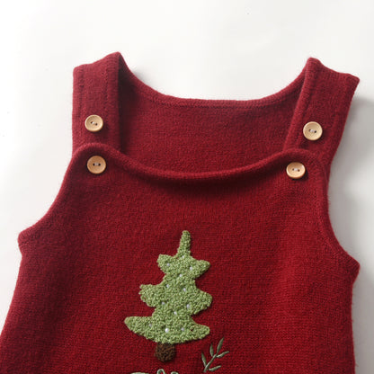 Baby Christmas Tree Overalls - Wine Red Knit Baby Jumpsuit with Double Buckle Warm Romper