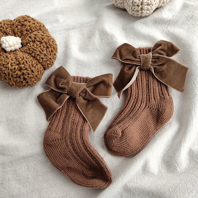 ins Children's Spanish Style Socks Autumn Winter New Large Bow Knitted Baby Socks Pure Color Mid-Calf Socks