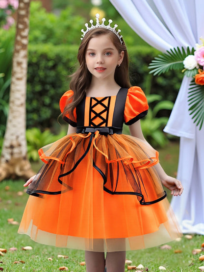 Girls Halloween Christmas Tutu Dress - Princess Party Gown with Hat & Pumpkin Bag Set