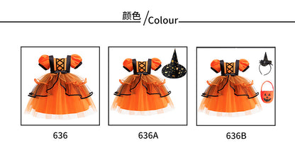Girls Halloween Christmas Tutu Dress - Princess Party Gown with Hat & Pumpkin Bag Set