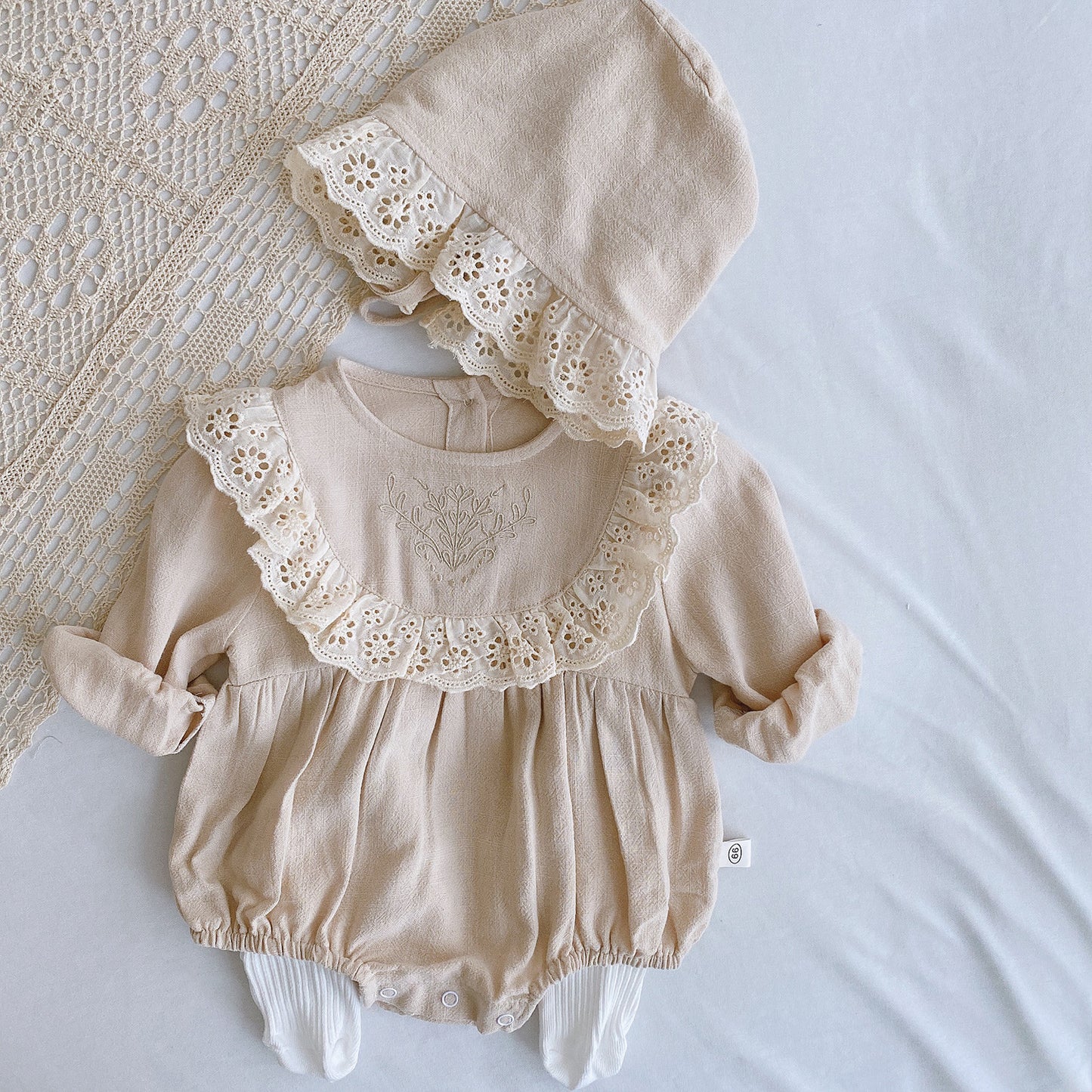 Princess Lace Romper Set for Baby Girl - Long Sleeve Baptism Outfit with Matching Bonnet | First Birthday Christening Dress (Newborn-24M)