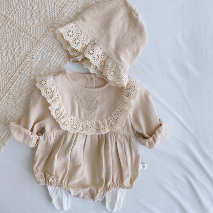 Princess Lace Romper Set for Baby Girl - Long Sleeve Baptism Outfit with Matching Bonnet | First Birthday Christening Dress (Newborn-24M)