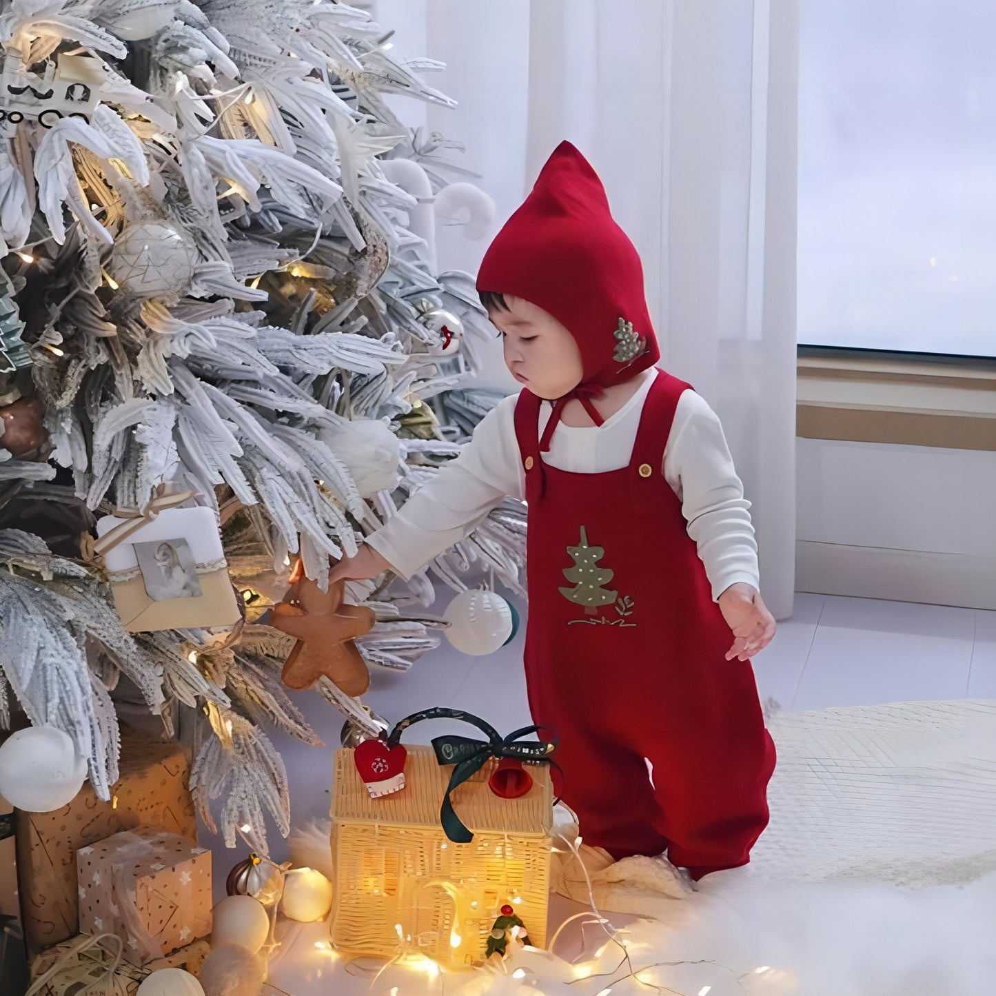 Baby Christmas Tree Overalls - Wine Red Knit Baby Jumpsuit with Double Buckle Warm Romper