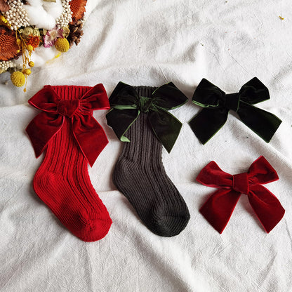 ins Children's Spanish Style Socks Autumn Winter New Large Bow Knitted Baby Socks Pure Color Mid-Calf Socks